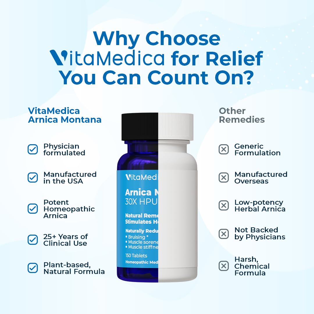 VitaMedica Arnica Montana 30X Homeopathic Tablets for Bruising Pain and Swelling | Plant Based Formula | Recommended by Plastic Surgeons | Natural Recovery Surgery Or Injury | 3 Pack | 150 Servings