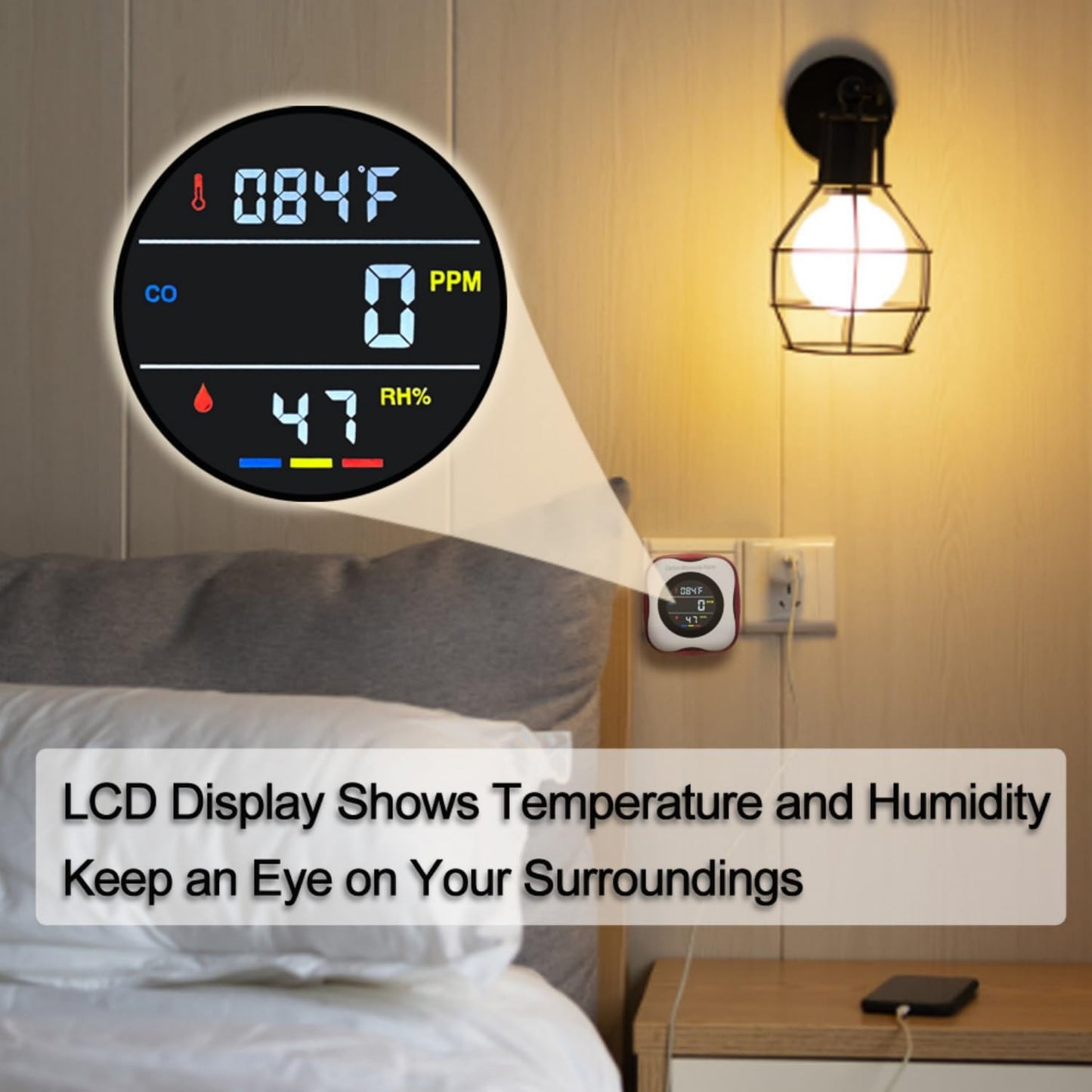 CHENGHEM Plug in Carbon Monoxide Detector, CO Detector with LCD Temperature and Humidity Display, 3-in-1 Portable Carbon Monoxide Detector for Travel,Homes Offices RV Hotel (1Pack)