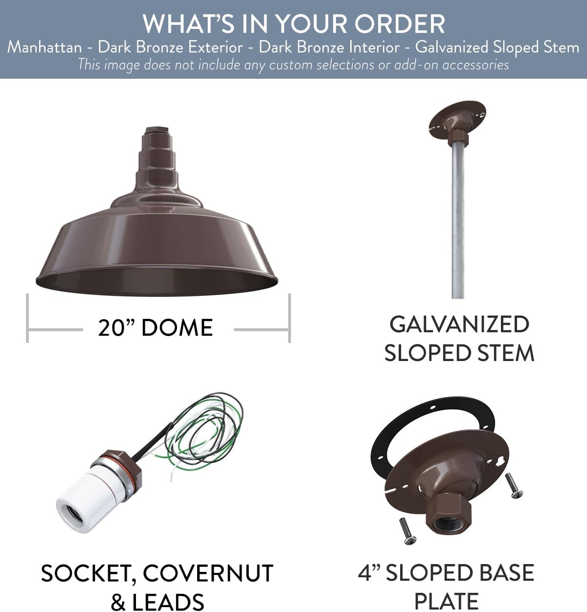 Steel Lighting Co. Manhattan Warehouse Light | Ceiling Mounted Pendant | 20 inch Dome | 12 inch Galvanized Sloped Stem | Large Steel Barn Light Made in America | Dark Bronze Interior/Exterior