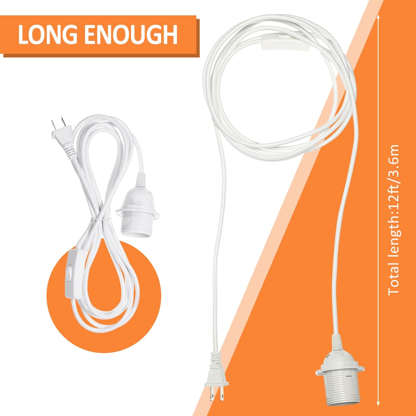 Hortsun 6 Pack Hanging Light Kit E26/E27, 12 Ft White Lamp Cord With On/Off Switch For Bedroom And Living Room