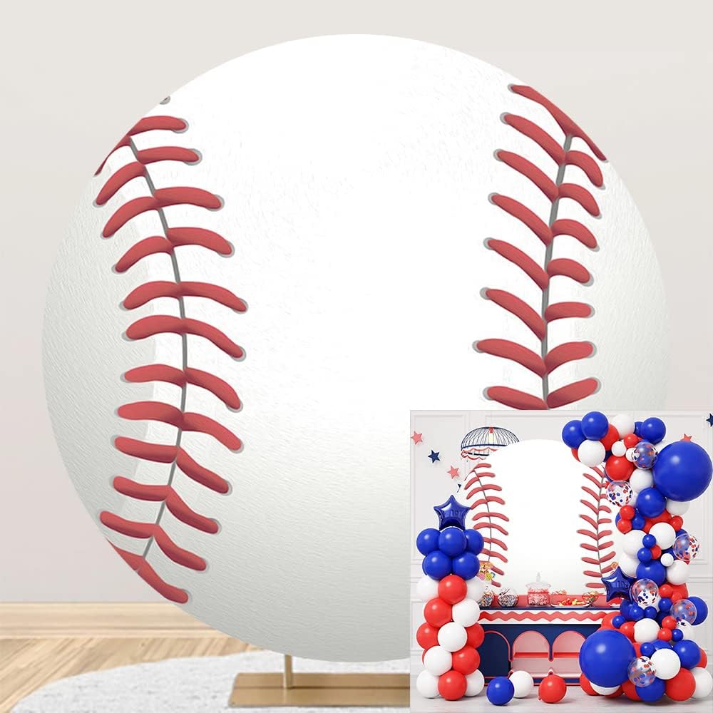 Leyiyi 6.5x6.5ft Baseball Birthday Round Backdrop Cover Polyester Sports Baseball for Boys Kids Birthday Party Red White Photography Background Newborn Gender Reveal Party Cake Table Banner Decoration
