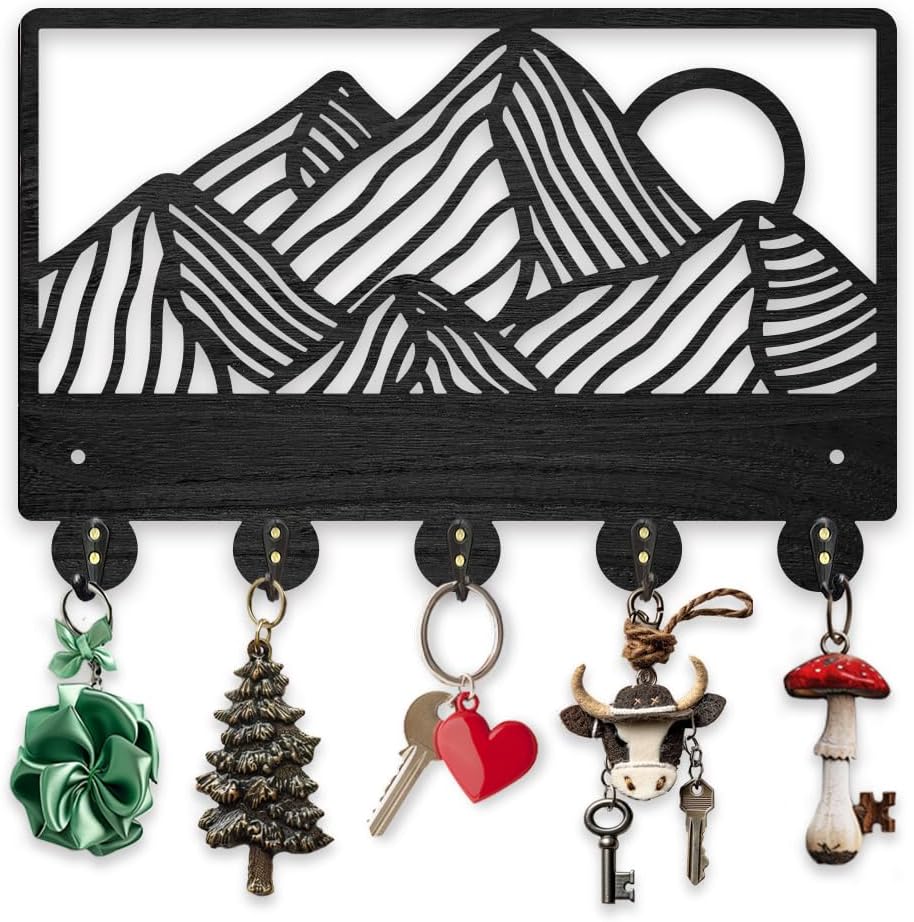 MAYJOYDIY Wooden Mountain Peak Coat Rack Wall Mount 11.8×7.9inch Sunset Mountain View Key Hooks Natural Scenery Coat Hook Organizer with 5 Alloy Hooks for Entryway Bedroom Living Room Office