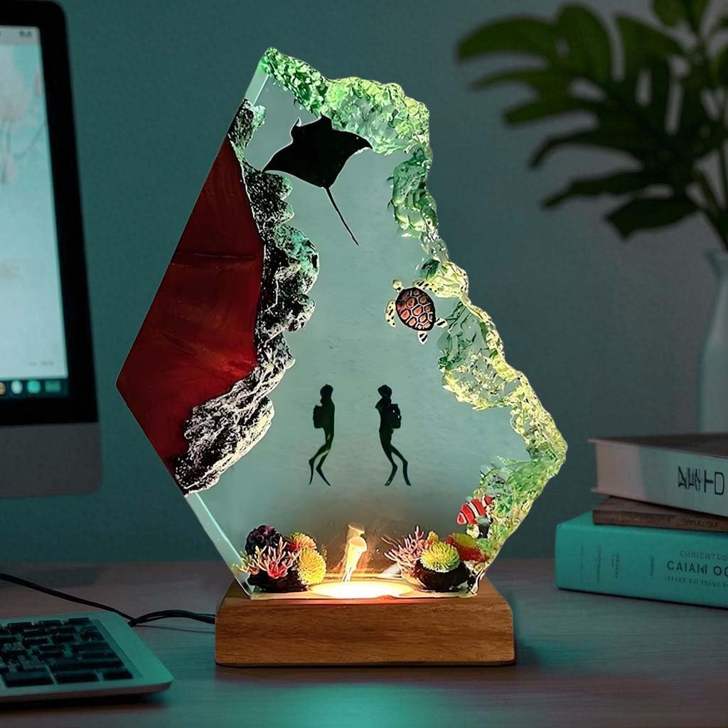 Nice Hera Handmade 3D Ocean Resin Lamp - Usb Powered Resin Ocean Night Light With Wooden Base  Variable Lights  Scuba Diver Gifts  Bedroom Decor  Unique Gifts For MotherS FatherS Birthday