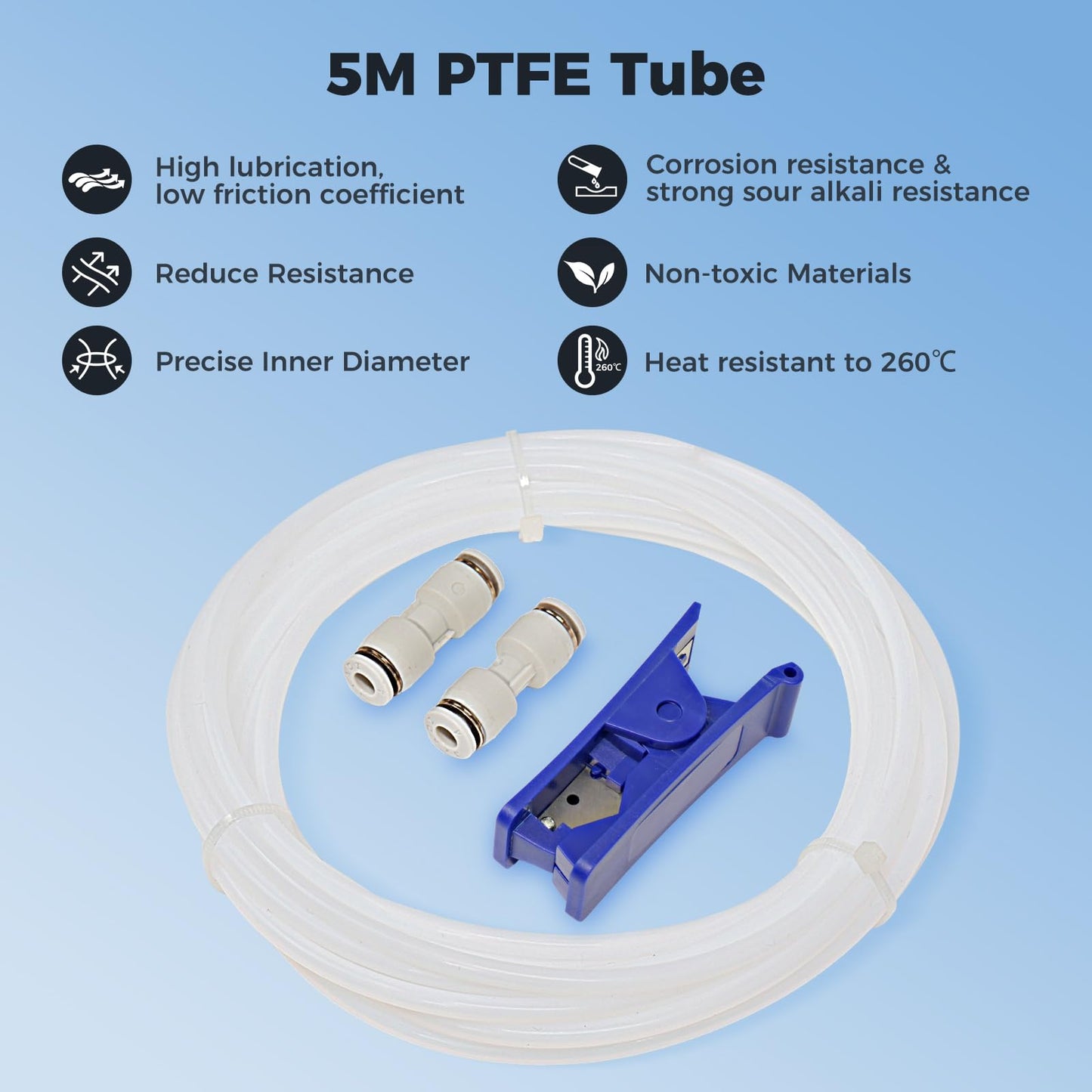 Sovol PTFE Tube 2.5mm ID 4mm OD, Length 5M/16.4ft, with 2 Couplers & Tubing Cutter for Bambu lab X1/ X1C/ P1P/ P1S/ A1/ A1 Mini, Prusa MMU3, Creality K1 Max/Ender 3 V3 & Direct Drive 3D Printer, White