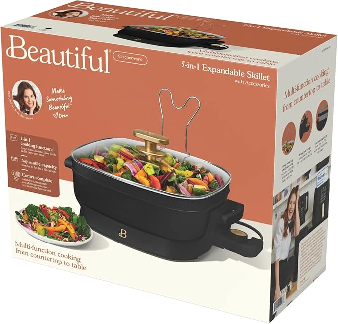 Beautiful 5-in-1 Electric Skillet 7QT, Cast Aluminum Extender, Nonstick, 1500W, Dishwasher-Safe Lid, Slow Cook, Steam. (Black Sesame)