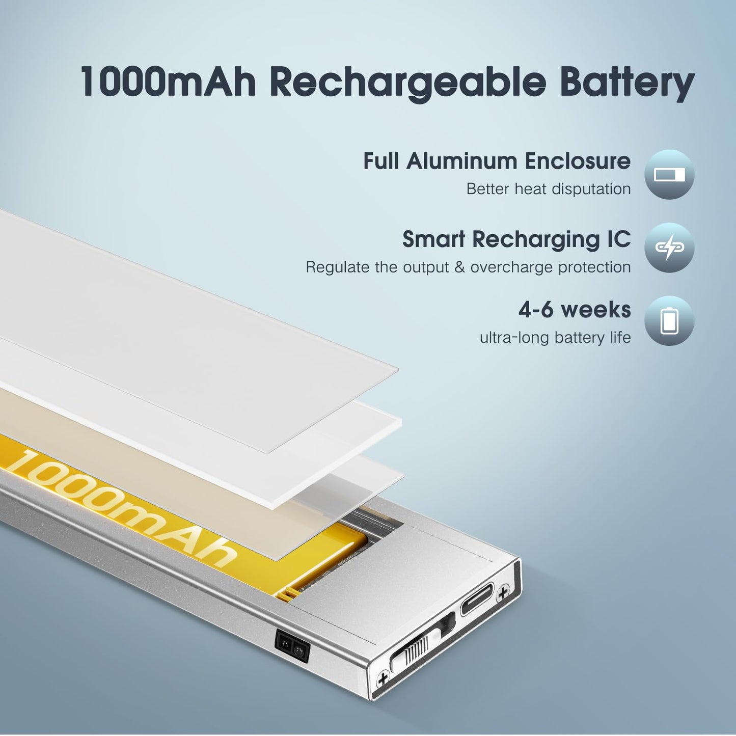 VST Rechargeable LED Cabinet Light, Warm Light 3000K, Aluminum, 7.87in, 2 Pack, Silver, Model BT09W31AMZUS1001