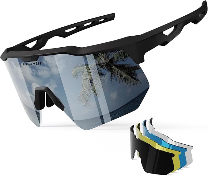 HAAYOT Polarized Cycling Glasses,Sports Sunglasses for Men Women,Baseball Biking Running Sunglasses 5 Lenses Black Mirror ...
