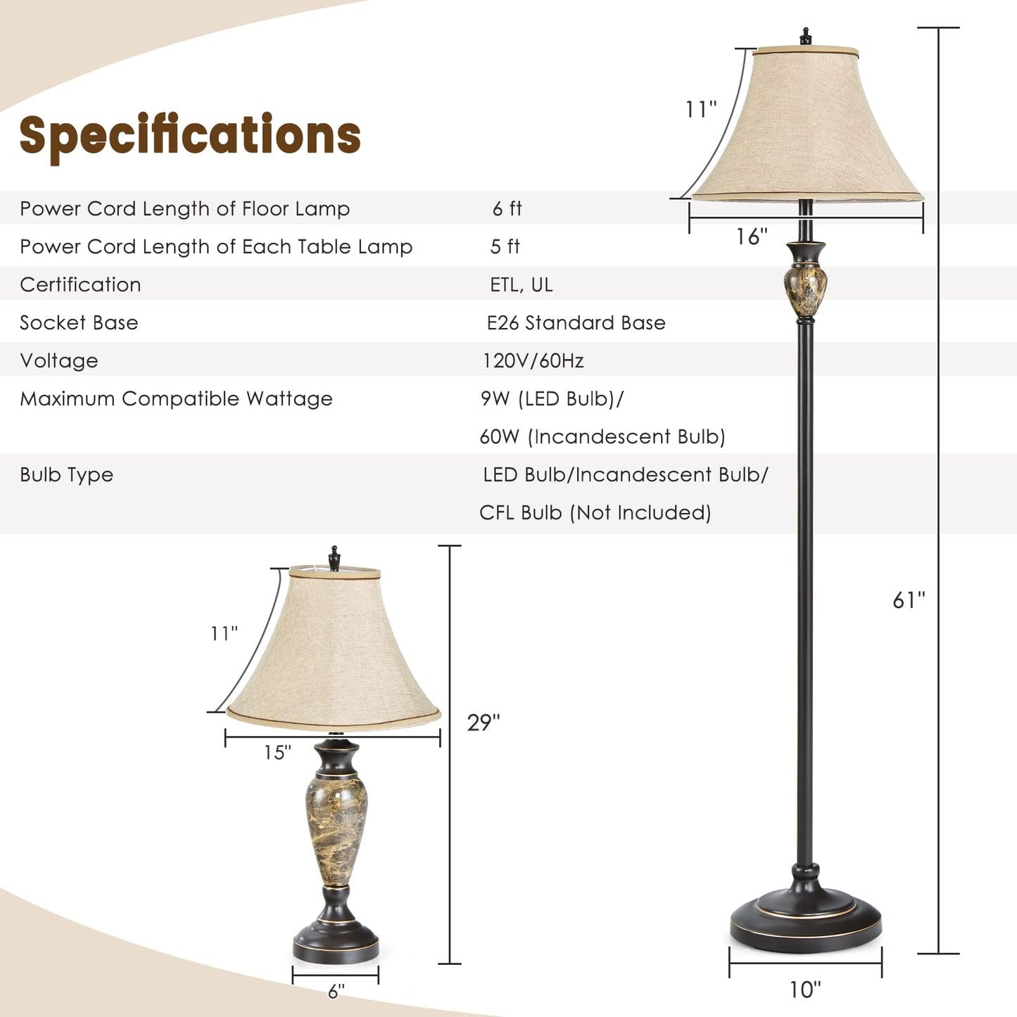 Tangkula 3-Piece Table And Floor Lamp Set, Beige Linen Shades, Metal & Cement, 29” & 61” Height, Traditional Style For Living Room & Bedroom