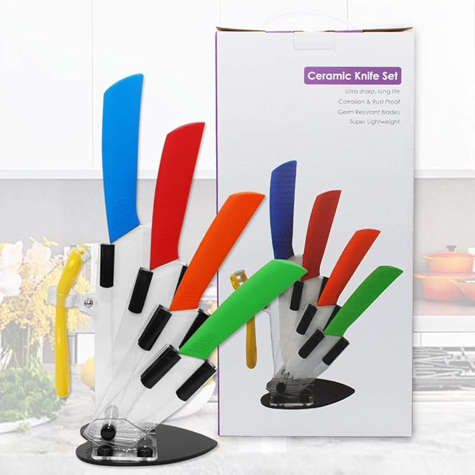 Color Ceramic Kitchen Knife Set,5-Piece Professional Knife Set with Acrylic Block Stand,6"Chef Knife,4"Fruit Knife,Knife+Vegetable Fruit Peeler,Ultra Sharp Edge,Rust Proof And Stain Resistant…