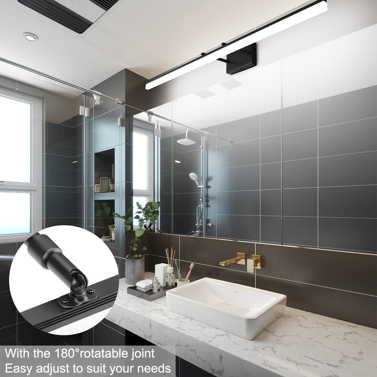 Aipsun 48inch Black Bathroom Llight Fixtures LED Vanity Light Adjustable Modern Vanity Lights Over Mirror Rotatable Lighting 5500K