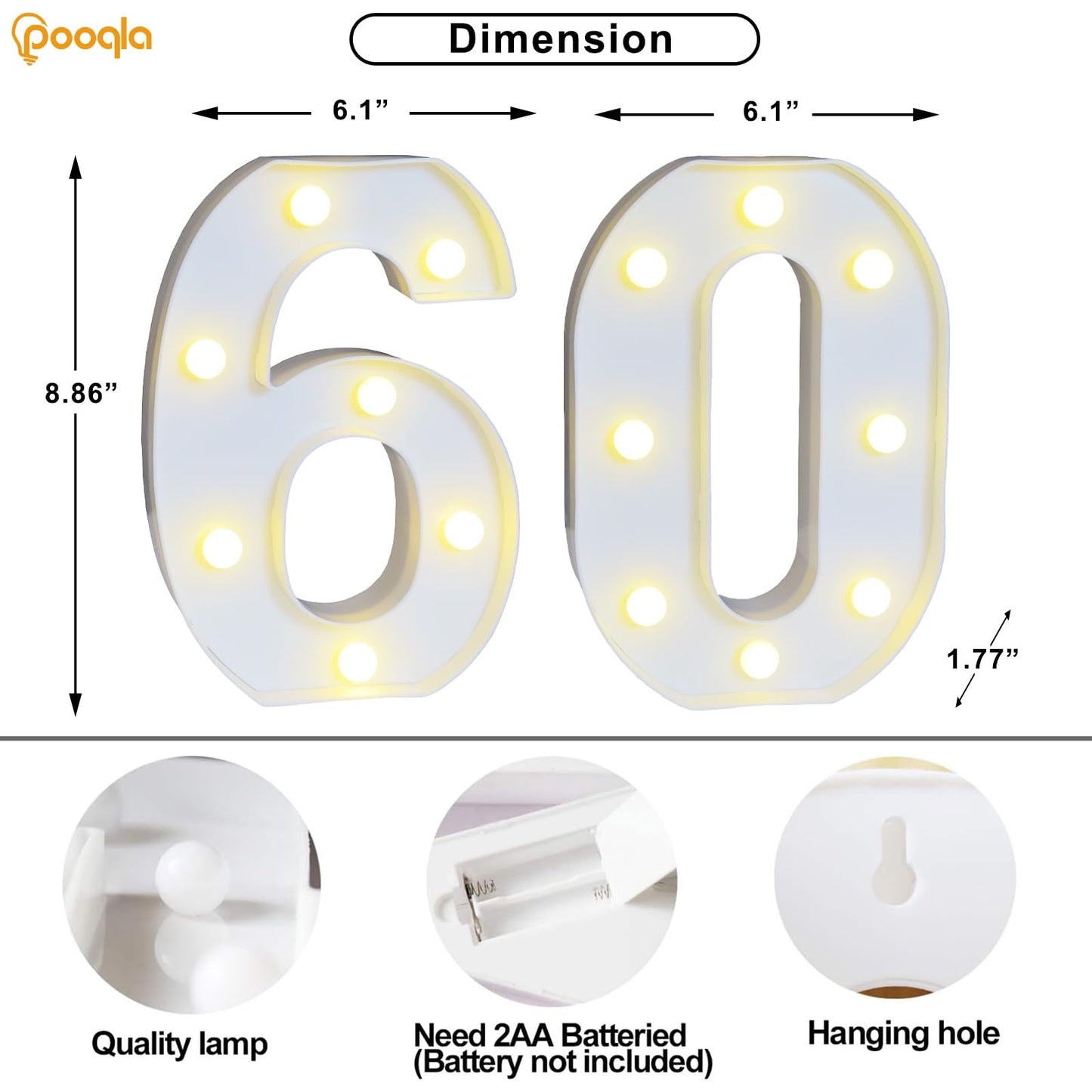 Pooqla LED Number 60 Decoration for 60th Birthday Party, Marquee Sign, Cool White and Warm White, Plastic, Model DENC-BP-01