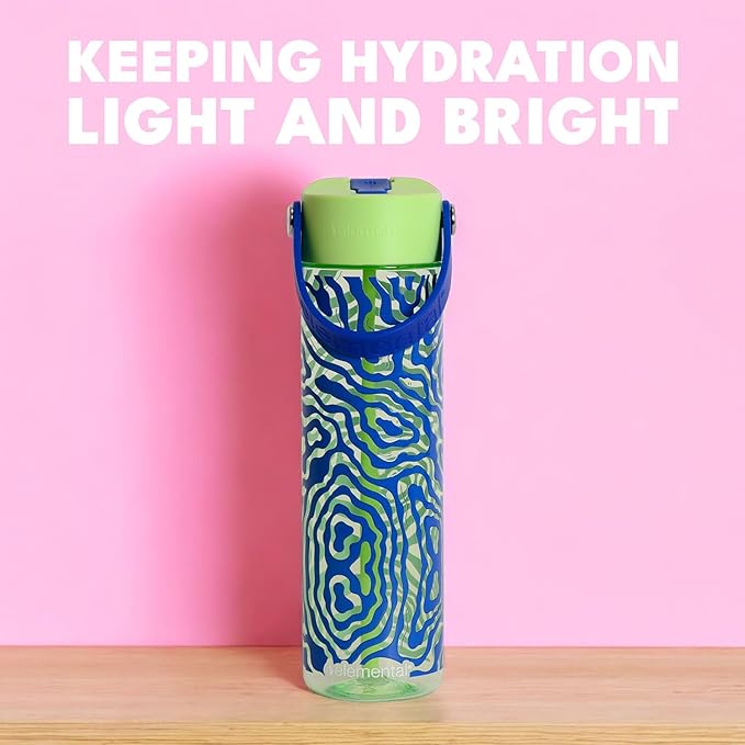 Elemental Splash Water Bottle with Straw - BPA-Free Tritan Plastic Reusable Water Bottle with Strap - Ideal for Travel, Gym and Sports - Leak Proof when Spout is Closed - 26oz - Aqua Waves