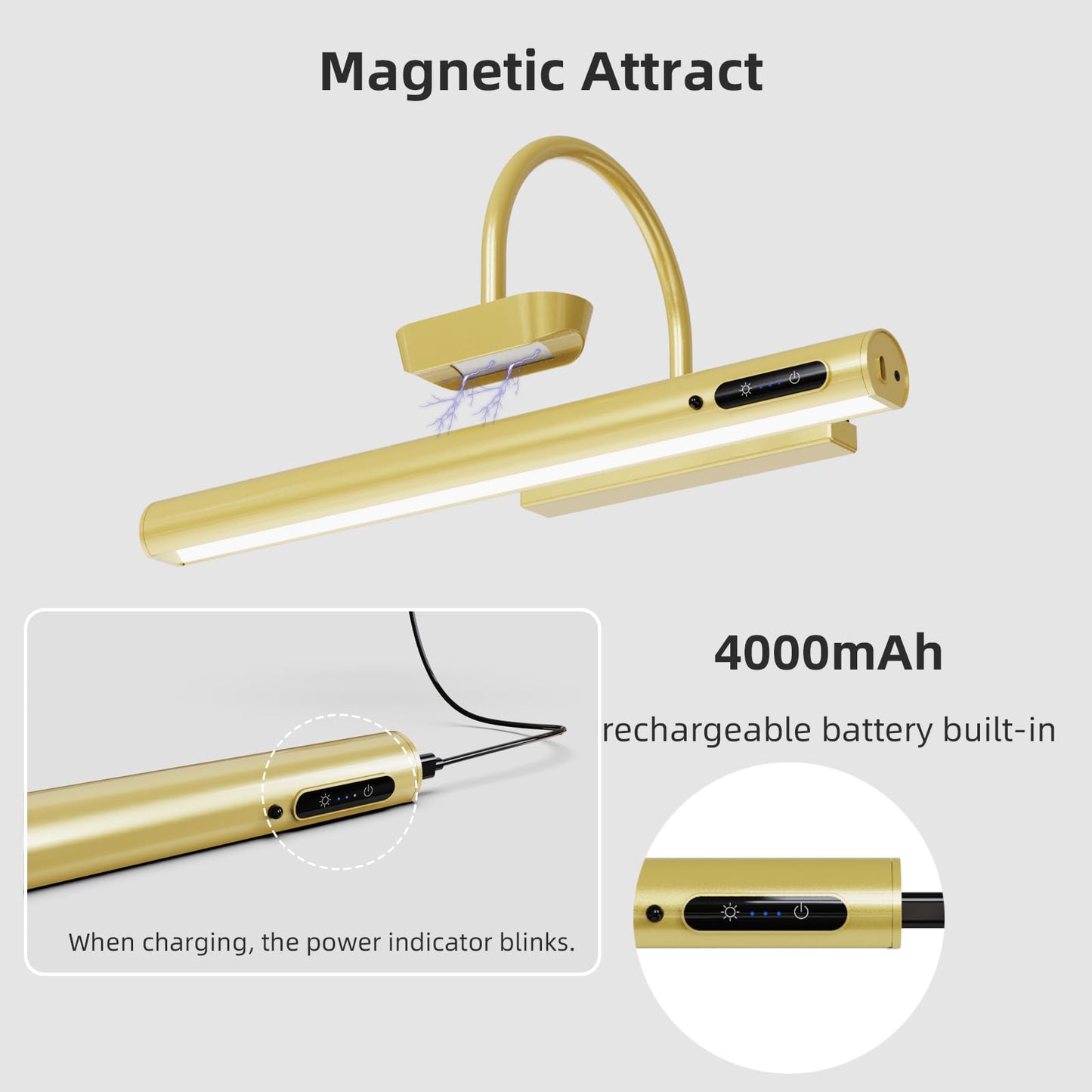 EAYOYAE Wireless Picture Light with Remote Control, 13.8in Gold, Rechargeable, Three Modes, Model PC-100, 2 Set