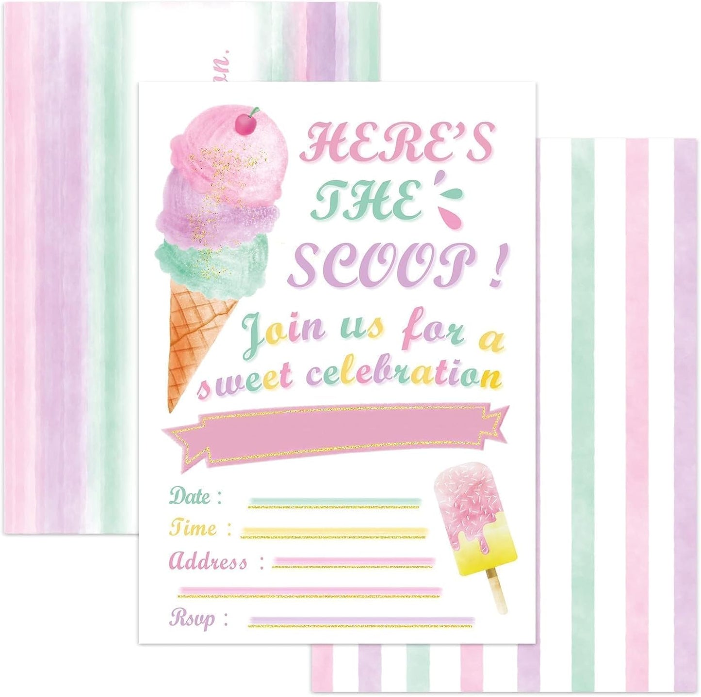 WERNNSAI Ice Cream Party Invitations with Envelopes -20 Sets Pink Ice Cream Birthday Invitations for Girls Sweet Popsicle Fill in Invite Cards for Baby Shower Wedding Party Supplies