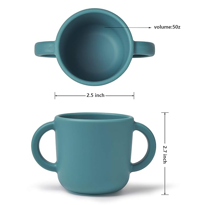 Silicone Training Cup for Infants, Toddler Learning Cup with Two Handles, Baby Open Cup 5oz, 6months+ (green+pink)