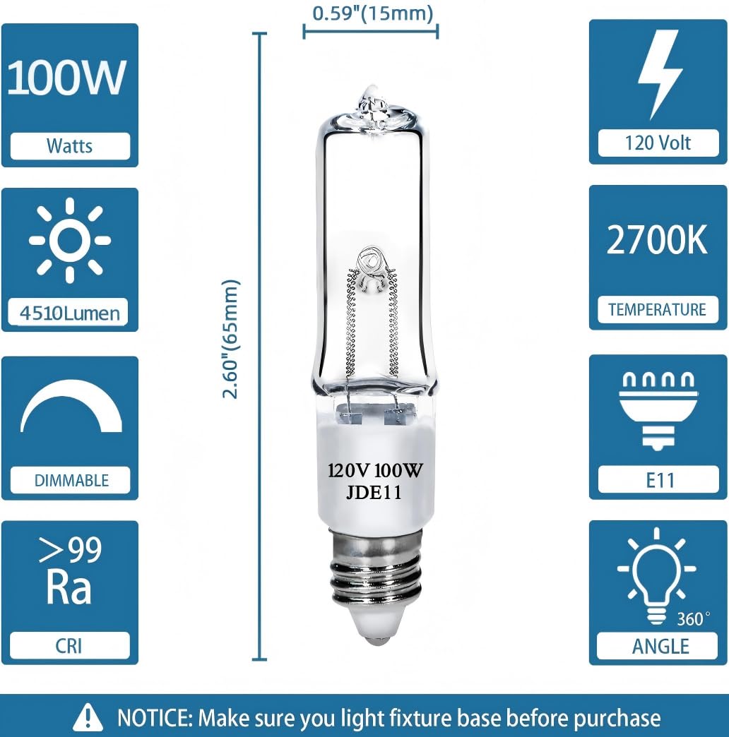 Lachesan Jde11 120V 100W T4 Mini Candelabra Base(Replacement E11 Led Bulb) 2700K Clear Dimmable Jd E11 Halogen Light Bulbs For Chandeliers  Ceiling Fan  Table Lamps  Cabinet Lighting  4 Pack