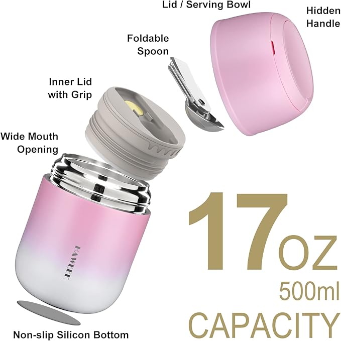 Insulated Soup Thermo 17oz - Stainless Steel Vacuum Lunch Box for Adults, Kids Leakproof Hot Food Container with Handle Folding Spoon (School Office Outdoor)