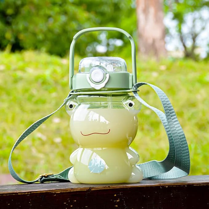 Cute Frog Water Bottle Portable Large Clear Sports Water Bottles with Straw and Strap 29oz for Girls,Women