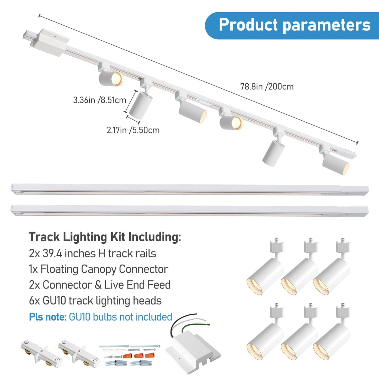 Hiiglxii 6 Lights Led Track Lighting Kit With 6.6Ft H Track Lighting Rails & Floating Canopy Connector  Gu10 Track Light Kit Modern Kitchen Track Lighting Fixtures Ceiling Spot Light  White - No Bulbs
