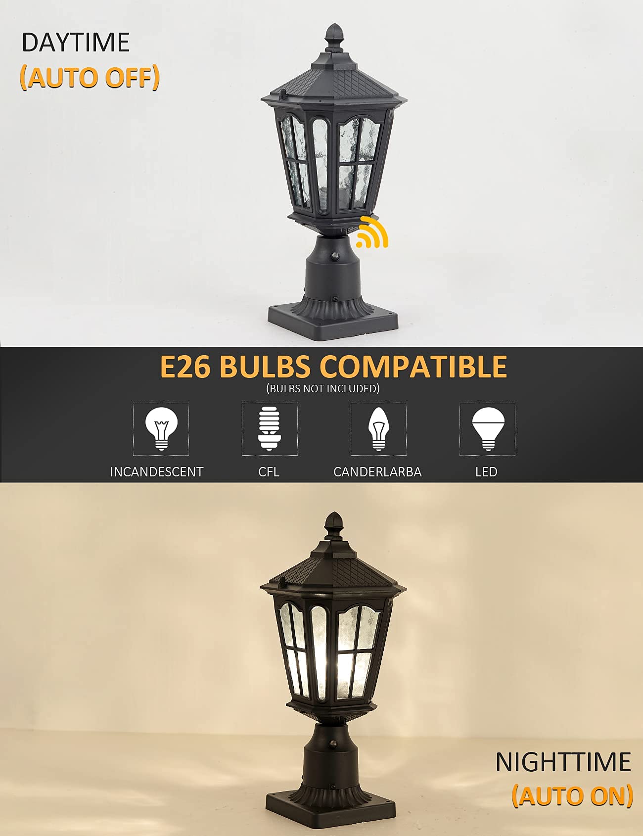 GYDZ Post Light Outdoor Fixture, 17in H, Waterproof IP65, Die Cast Aluminum, E26 Base, Matte Black, Model B55V