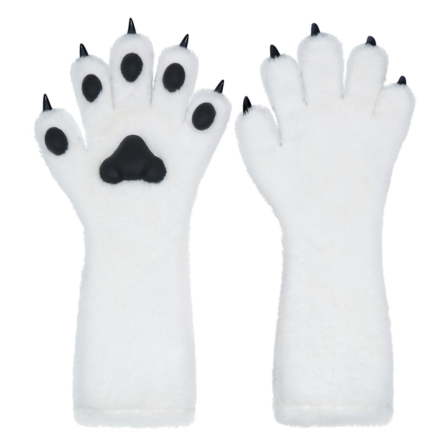 ZFKJERS Cosplay Furry Cat Claw Long Gloves Five-Finger Paws Mittens Costume Accessories for Halloween (White Black, Medium)