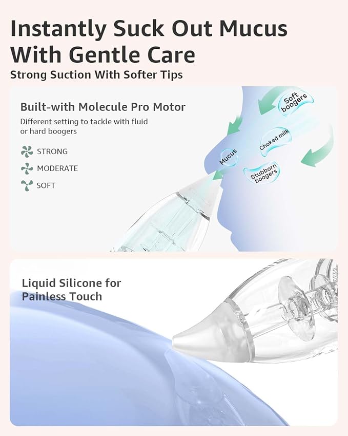 GROWNSY Nasal Aspirator for Baby, Electric Nose Aspirator for Toddler, Baby Nose Sucker, Automatic Nose Cleaner with 3 Silicone Tips, Adjustable Suction Level, Music and Light Soothing Function, Blue