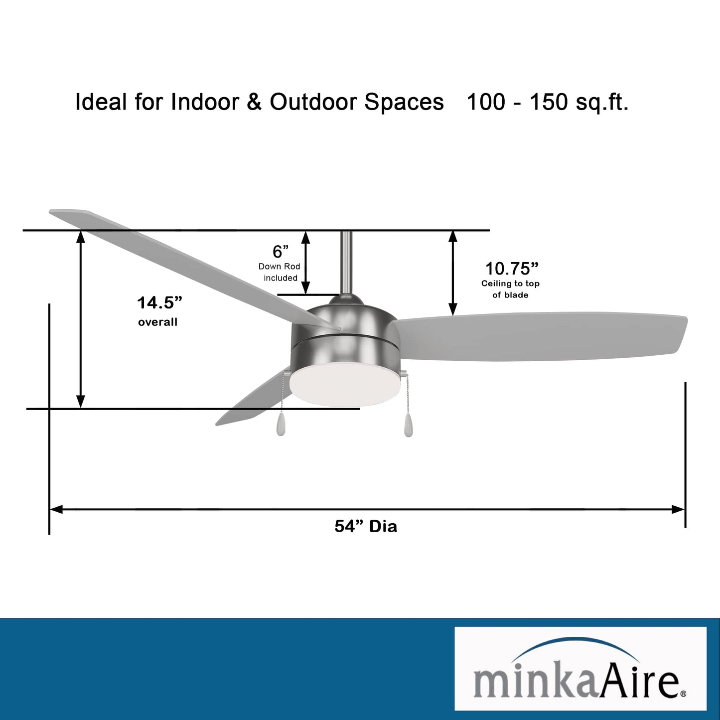 Minka-Aire F670L-Bn/Sl Airetor Iii 54 Ceiling Fan With Led Light And Pull Chain In Brushed Nickel Finish