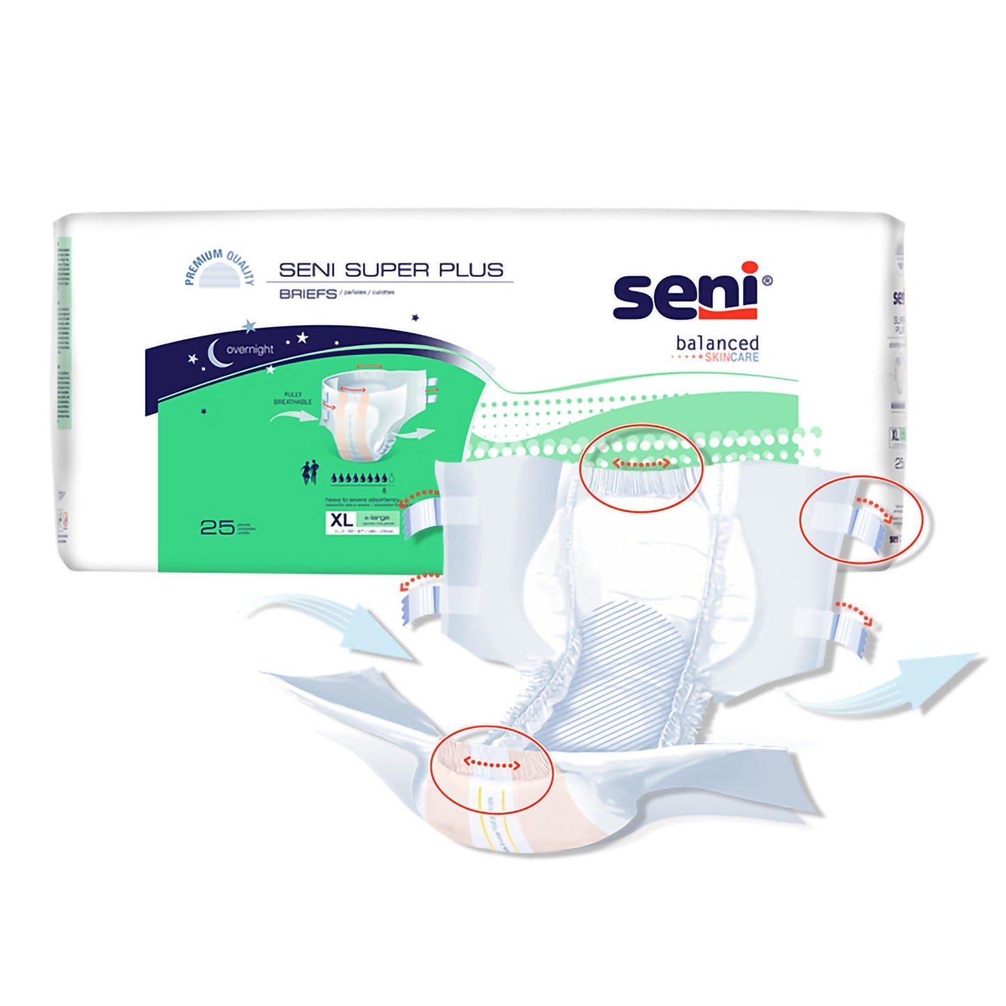 Seni Super Plus Unisex Adult Incontinence Briefs with tabs, Size XL (55"-67"), 75 Count (3 Packs of 25), Heavy to Severe Absorbency, Disposable Overnight Brief for Men & Women