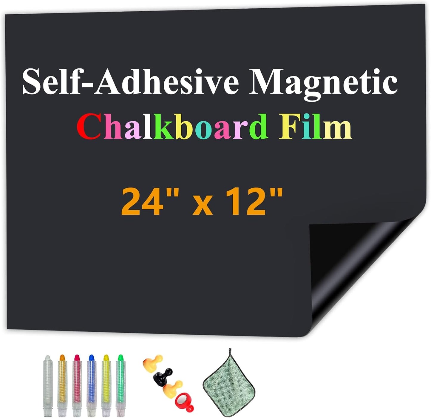 Magnetic Chalkboard Contact Paper with Adhesive, 24" x 12" Magnetic Blackboard Film for Walls, Peel and Stick – Ideal for Office, Classroom, Home. Includes Dustless Chalk, Wiping Cloth, and Magnet