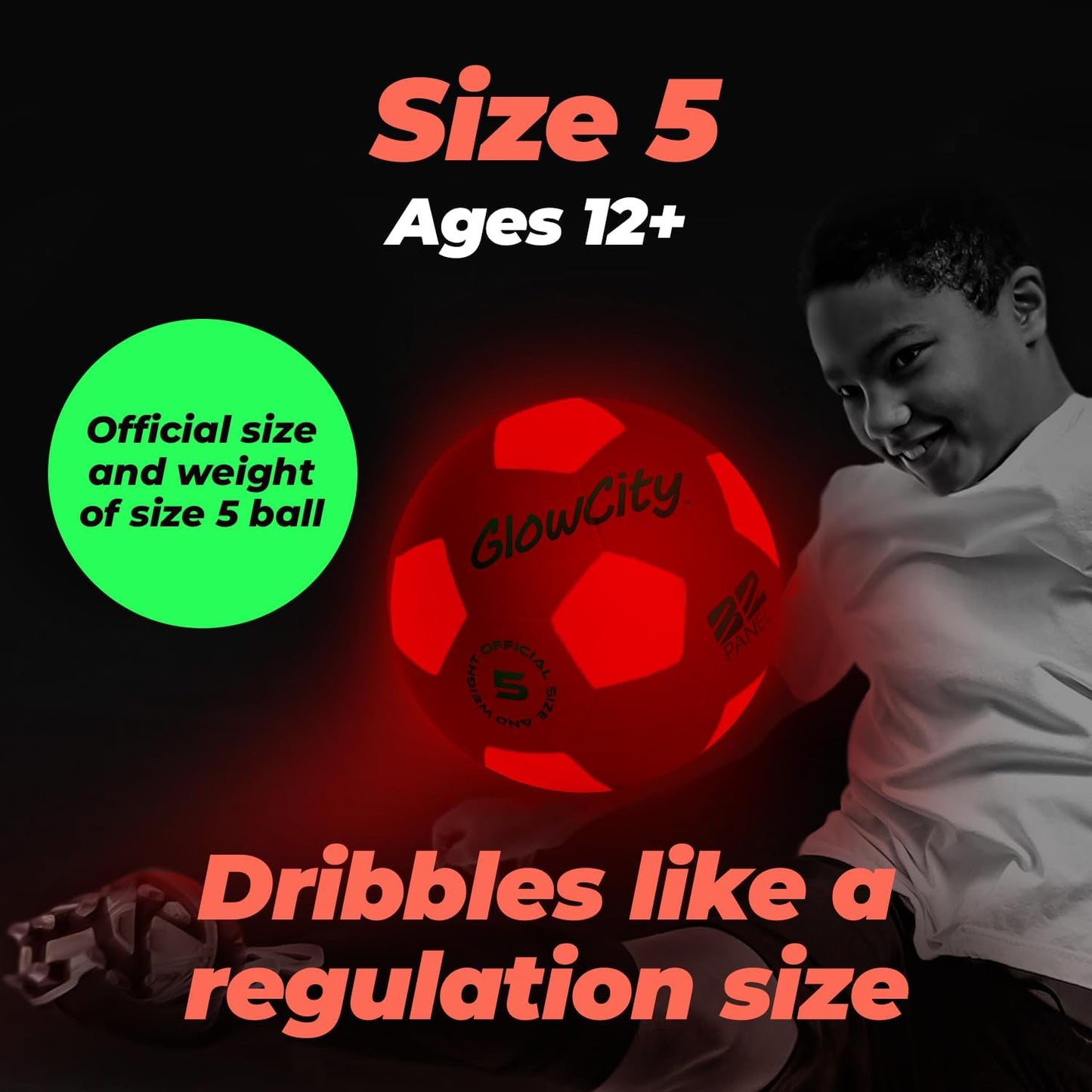 GlowCity Glow in The Dark Soccer Ball - Sizes 3, 4, 5 for Kids, Teens & Adults - Light Up Soccer Ball with 2 LED Lights - Sports Birthday Gifts Ideas for Boys & Teenagers Ages 6 7 8 9 10 11 12 13 14