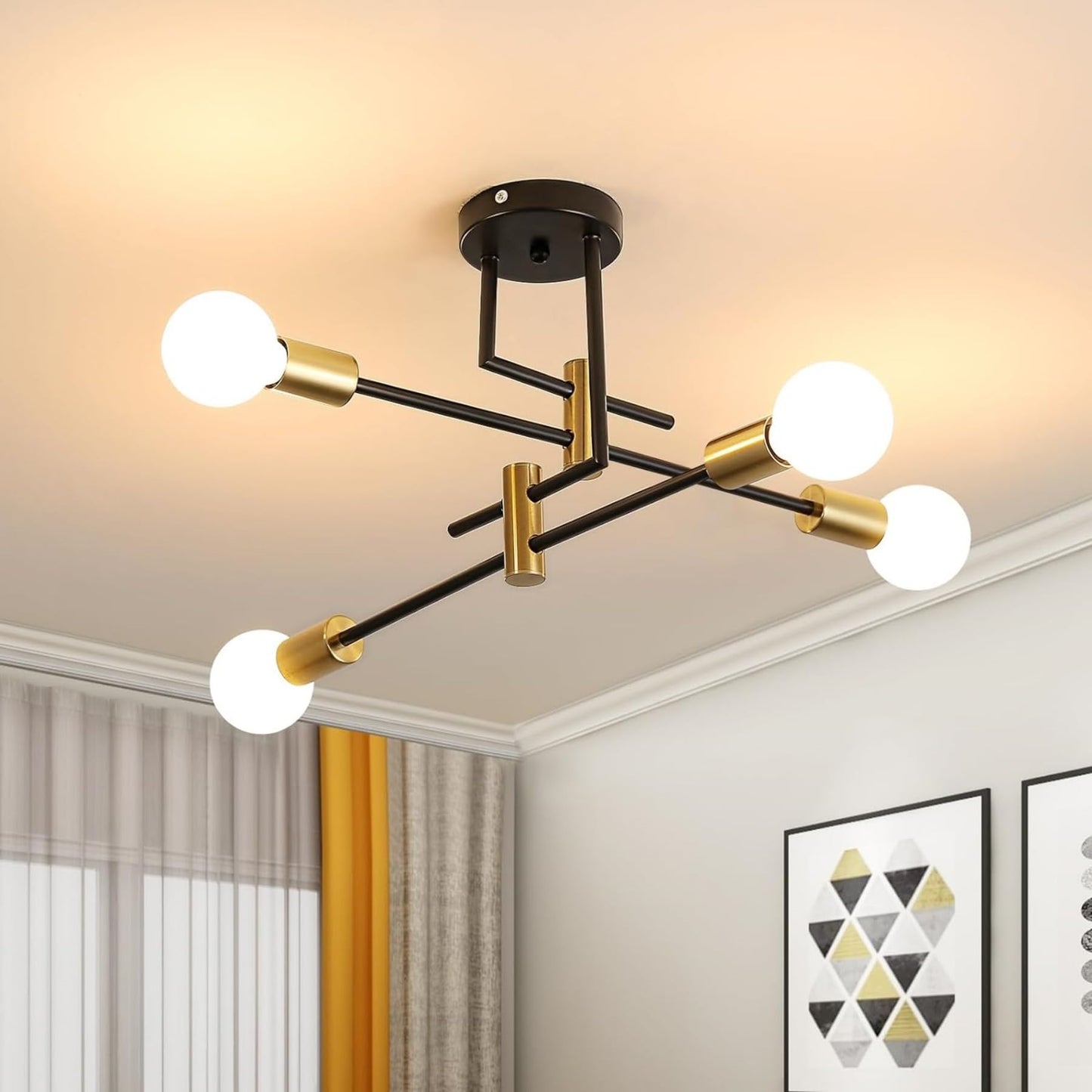 Tealight Sputnik Ceiling Light Fixture, 4 Light Black and Gold Sputnik Lighting Fixture Semi Flush Mount Modern Industrial Ceili
