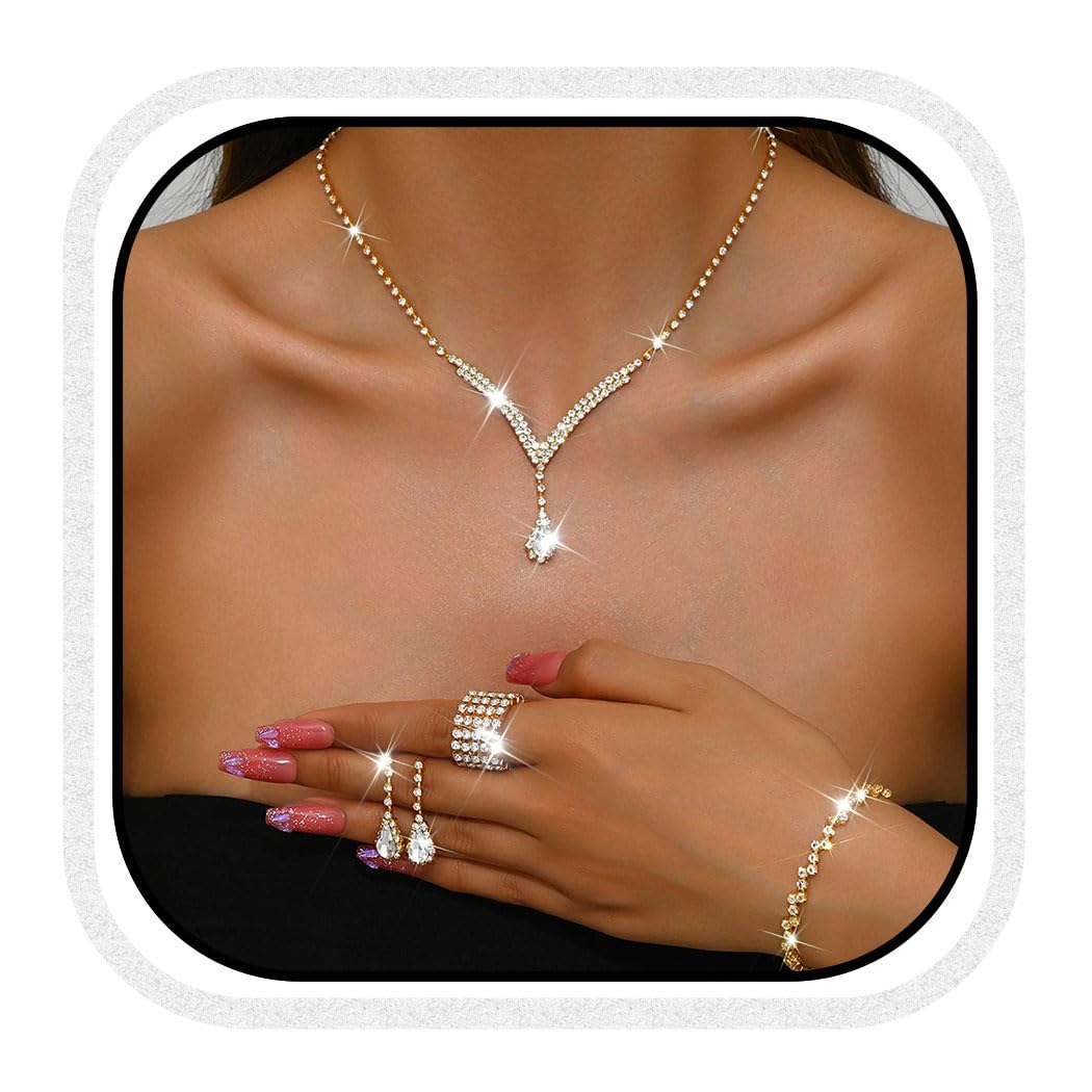Unicra Bridal Wedding Jewelry Set Gold Rhinestone Necklace Earrings Bracelet Ring Sets Formal Costume Jewelry for Women and Brid