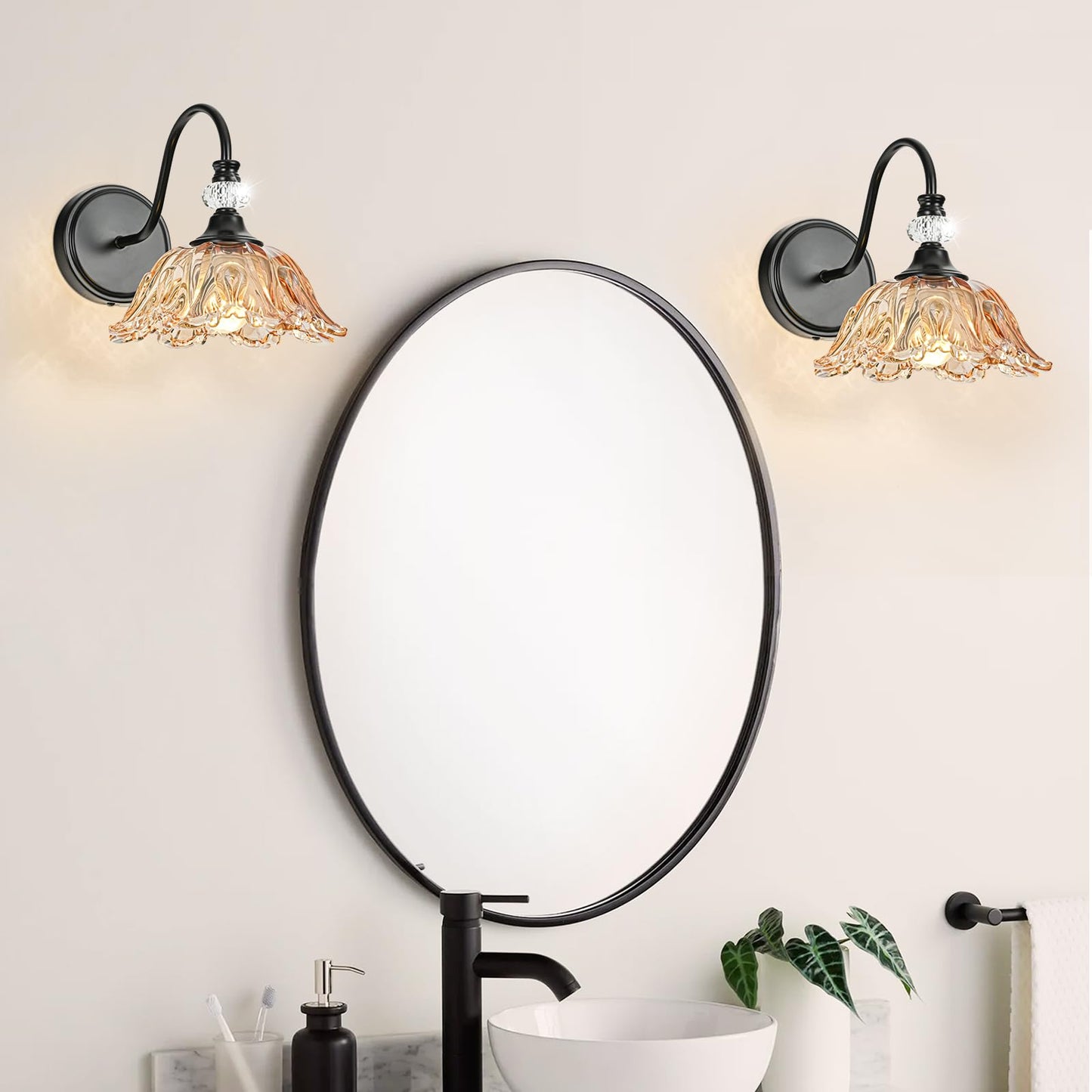 Sunkryster Black Wall Sconces With Floral Amber Glass Shades  Black Farmhouse Wall Mount Lighting For Bathroom Vintage Bathroom Vanity Light Fixtures