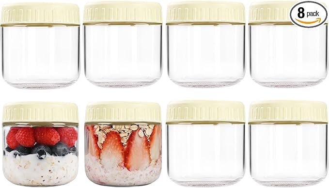 Overnight Oats Containers with Lids, 10oz Glass Jars with Lids 8 pcs, Milk White, Wide Mouth Mason jars for Salad, Yogurt, Snacks, Meal Prep