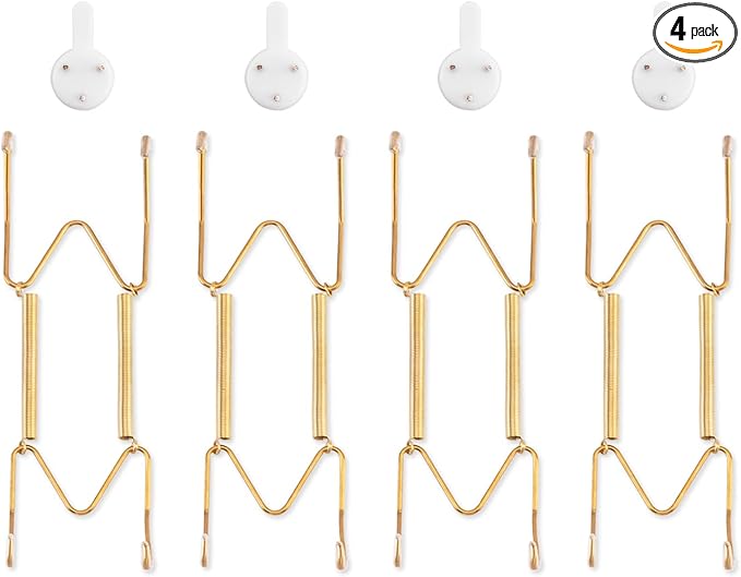 4 Pack Plate Hangers for The Wall, Suitable for 6-8 inch Art Plate, Stainless Steel Invisible Heavy Duty Wire Plate Holder with Wall Hooks, Plate Hangers for Displaying Plates, Platter, Dish, Gold