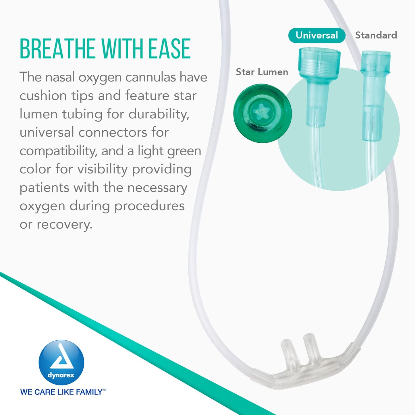 Dynarex Nasal Cannulas for Oxygen Therapy - 4' Crush Resistant Oxygen Supply Tubing for Adults - Soft Cushion Tip Universal Connector - 50 Per Case