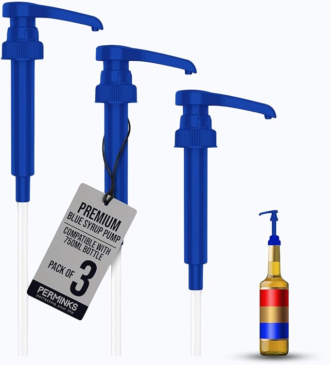 Premium Syrup Pump Compatible with Torani 750 ml Bottle, Davinci Syrups - No Spill, No Clog Syrup Pump Dispenser for Vanilla, Snow Cone, Blueberry, Coffee Flavoring & More (Pack of 3, Blue)