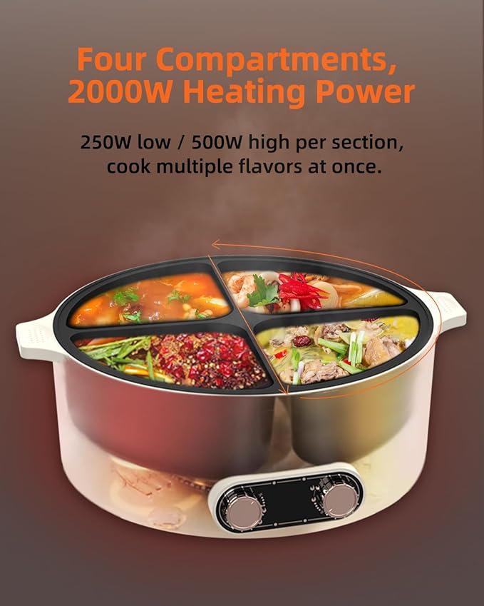 Electric Hot Pot Cooker with Divider, 4 Compartment Hotpot Pot, 2000W Shabu Shabu Pot Electric with Non-Stick, 5Qt Hot Pots for Indoor Cooking, Family Party