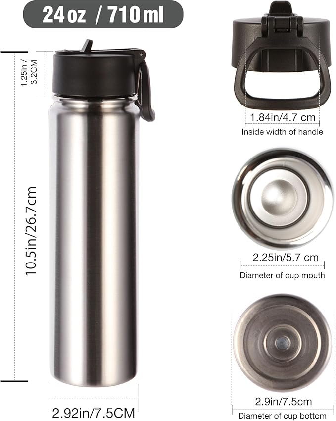 Volhoply 24oz Insulated Water Bottle With Straw Bulk 6 Pack,Metal Wide Mouth Water Bottles With Handle Lid Keep Cold,Reusable Double Wall Thermos,Powder Coated Sport Bottle For Holder(Sliver,6 Count)