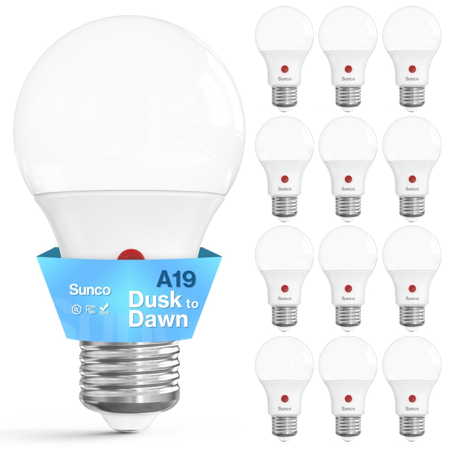 Sunco 12 Pack Dusk To Dawn Led Outdoor Light Bulb A19  Photocell Automatic For Exterior Lighting  800 Lm  9W (60W Eqv.)  3000K Warm White  Auto On/Off Sensor  Ip65 Rated Ul