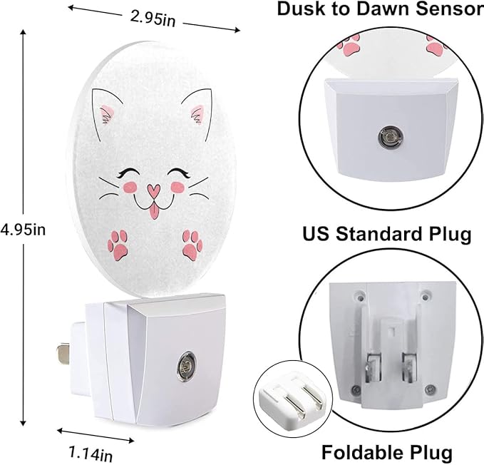 EKOBLA Happy Cat Night Light Cute Animal Kitten with Pink Paw Flurry Ears Night Lights Plug into Wall LED Lamp Dusk to Dawn Sensor for Boys Girls Bathroom Bedroom Decorative LED Lamp