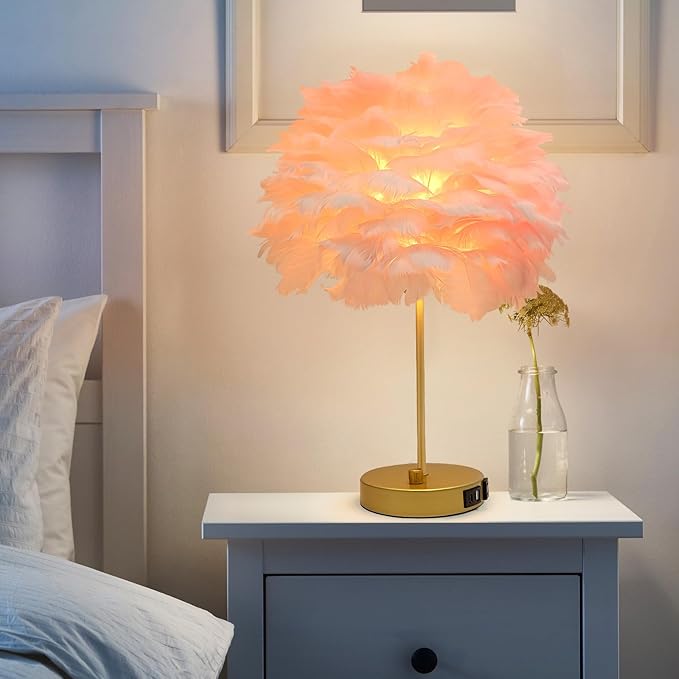 ZYLEIESENBAO Pink Feather USB Charger Table Lamp Feather Bedside Lamp Cute Nightstand Lamp with Outlets Princess Desk Light for Girl Bedroom Living Room Entryway Hotel Wedding Women's Gift Decoration