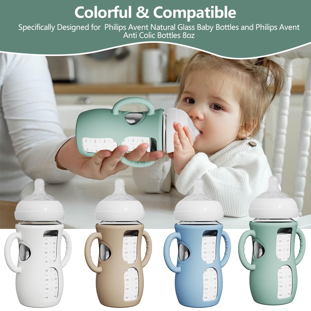 4 Pack Silicone Sleeves for Avent Natural Glass Bottles, Anti Breakage Baby Bottle Protector with Easy-Grip Handle, Compatible Philips Avent Glass Natural Bottle 8 oz, Not for Infant Use