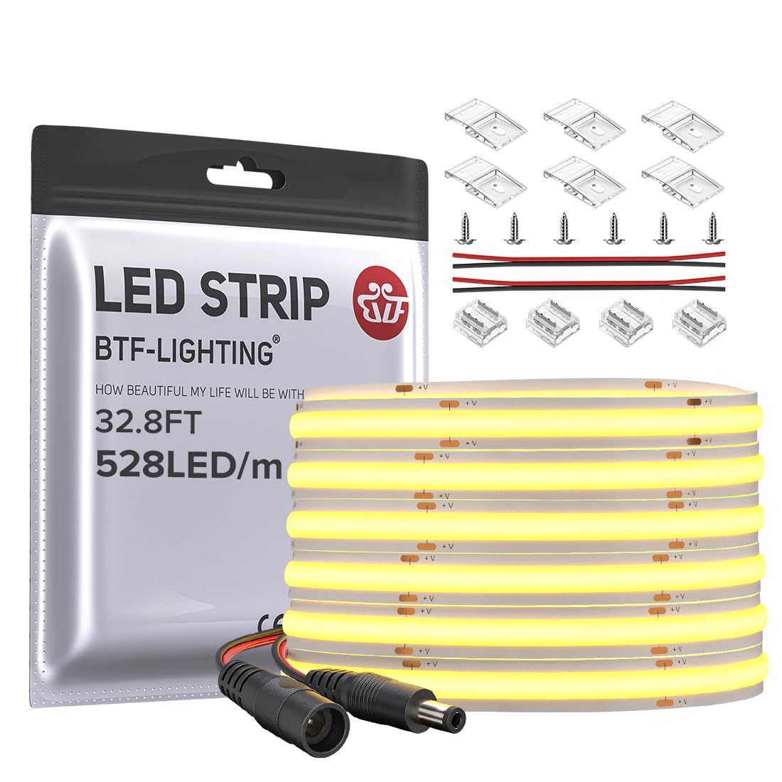 Btf-Lighting Fcob Cob Led Strip 528Led/M 32.8Ft 14W/M Warm White 3000K Flexible High Density Model F0B5M24V