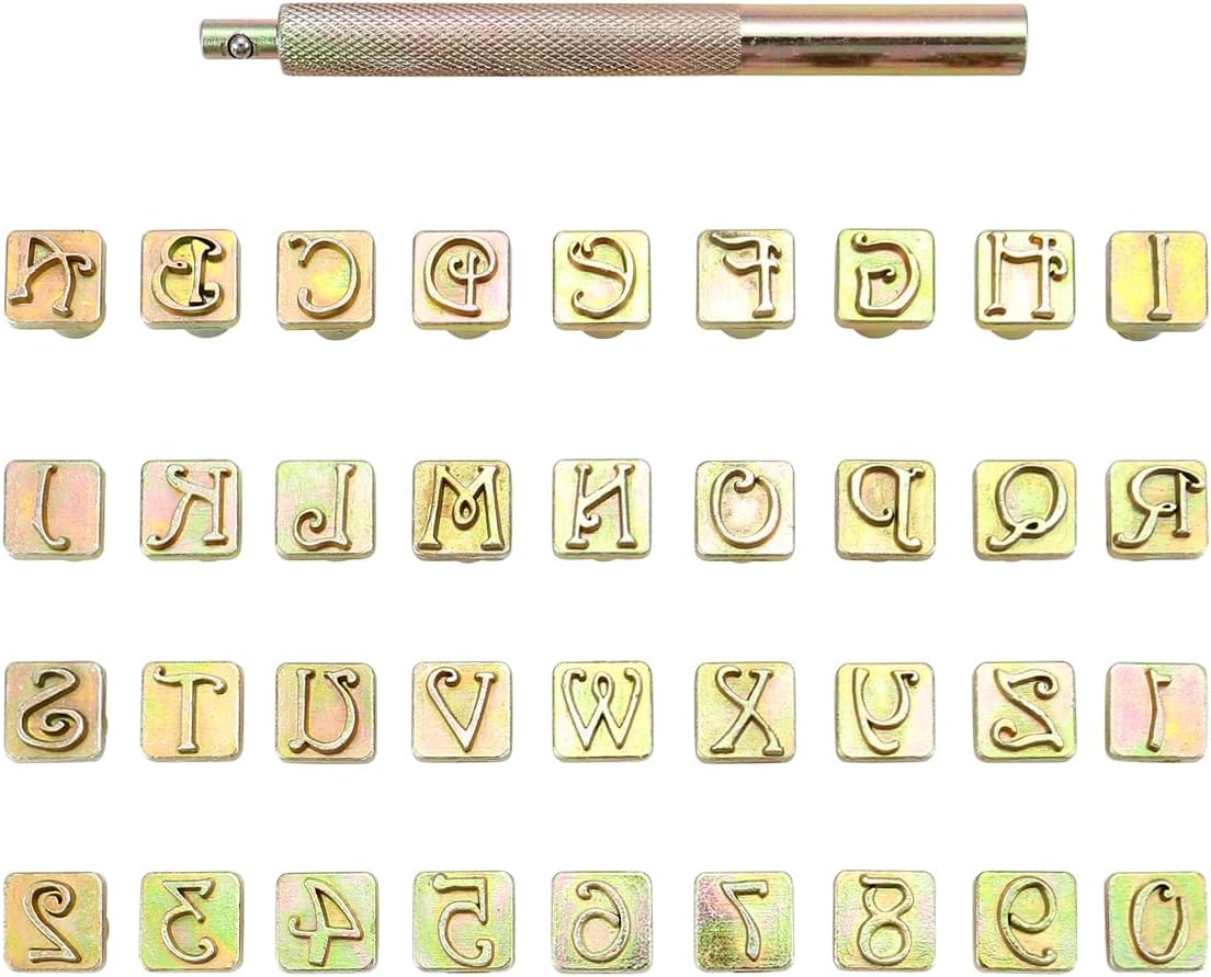 Yoption 37 Pieces Leather Stamping Tool Set, 26 Letters Alphabet & 10 Numbers Stamps Steel Punch Tool 9mm + 1 Stamping Handle for Leather Craft