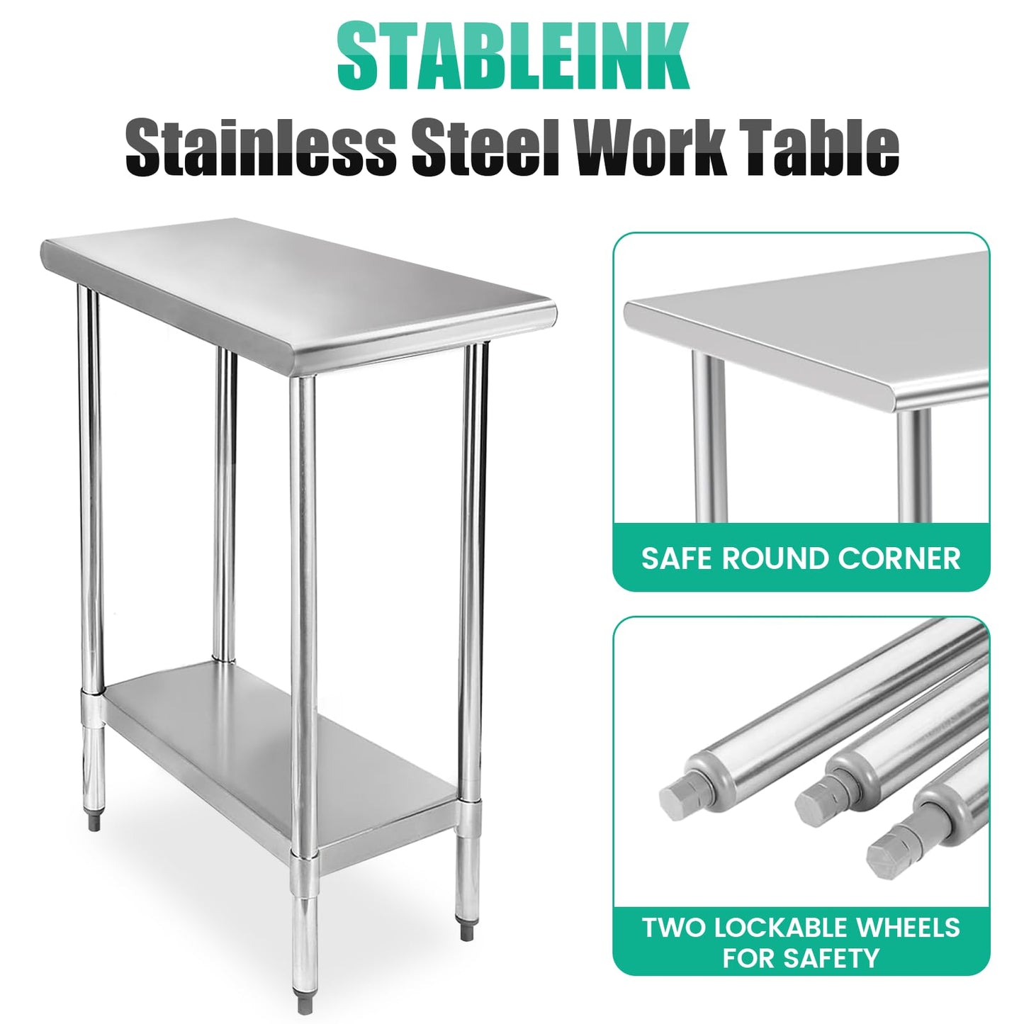 STABLEINK NSF Stainless Steel Table, 30 x 14 Inches Metal Prep & Work Table with Adjustable Undershelf, for Commercial Kitchen, Restaurant, Hotel and Garage,Small Stainless Steel Table