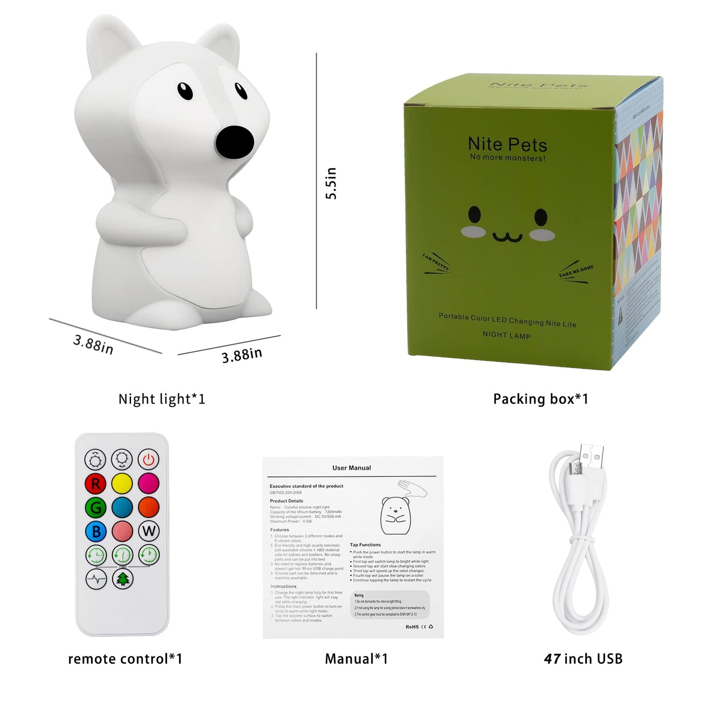 Shaarkmango Led Night Light - Portable Kids Desk Lamp, 9 Colors, Dimmable, Rechargeable, Soft Silicone, Fox Night Light