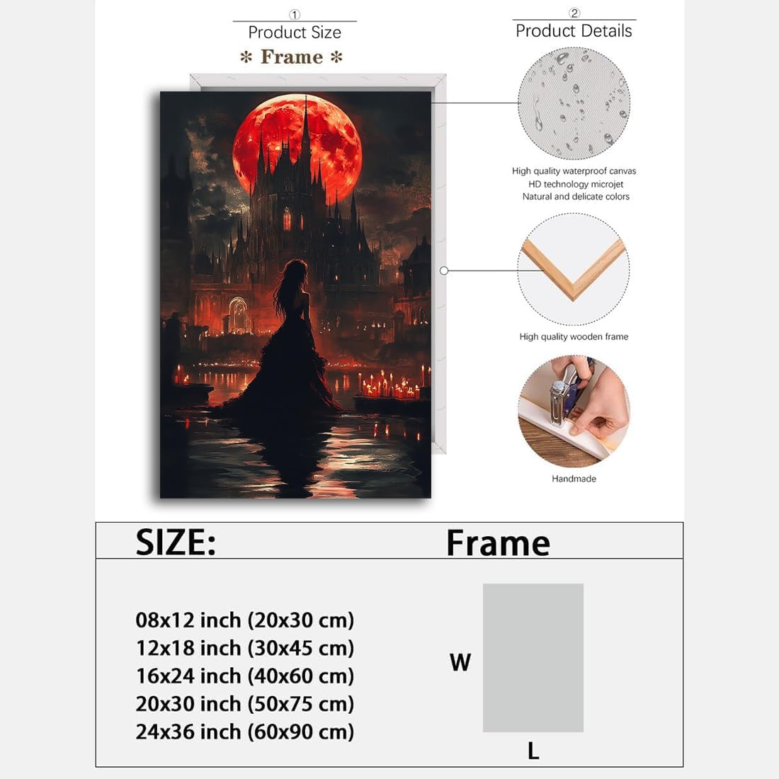 Halloween Witch Poster Canvas Prints Art Vintage Decor,Red Castle Blood Moon and Witch Scene Gothic Painting,Rustic Dark Academia Wall Art for Bathroom Spooky Living Room Wall Decor,12"x18" Framed