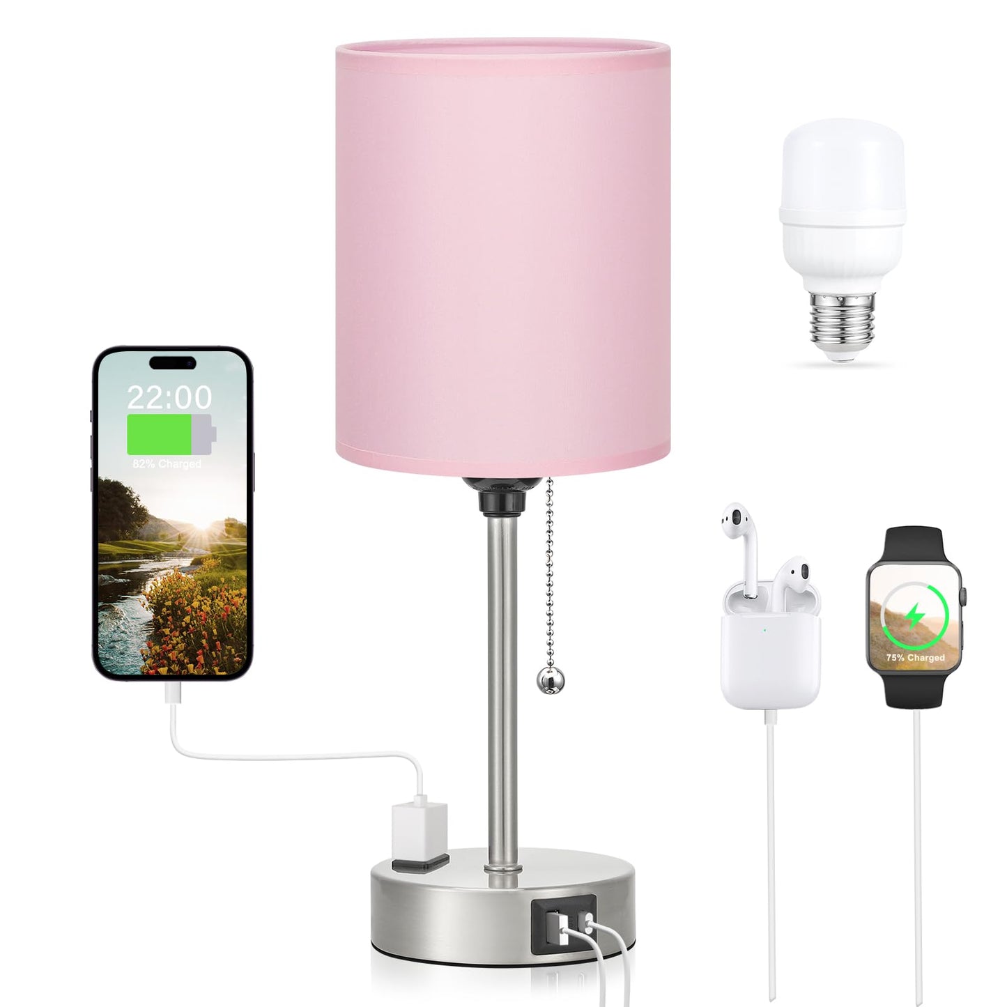 Dicoool Pink Bedroom Lamp - 3 Color Temperatures, USB C & A Ports, 14.6in, Silver Metal Base, Model 15-11