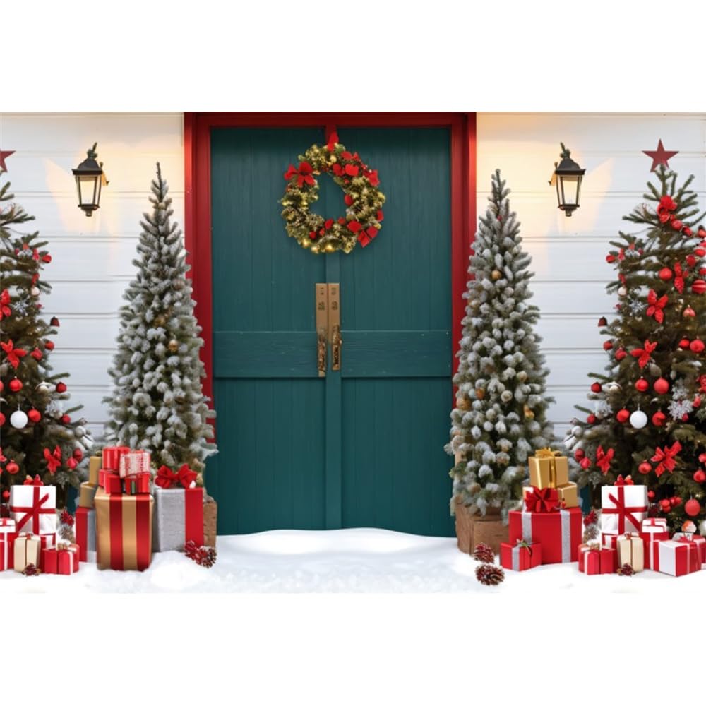 Canessioa Christmas Backdrop 10X8Ft (300X240Cm) Christmas Backdrops For Photography Rustic Farmhouse Barn Door Xmas Trees Photog
